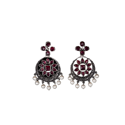 Flower Rangoli Pearl dangler earrings (Red)