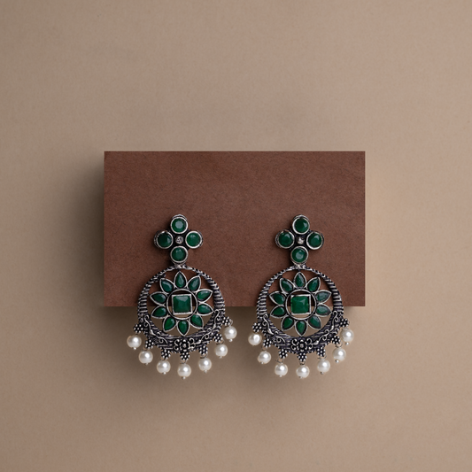 Green Stone Studded German Silver Stud Earrings With Hanging Pearls