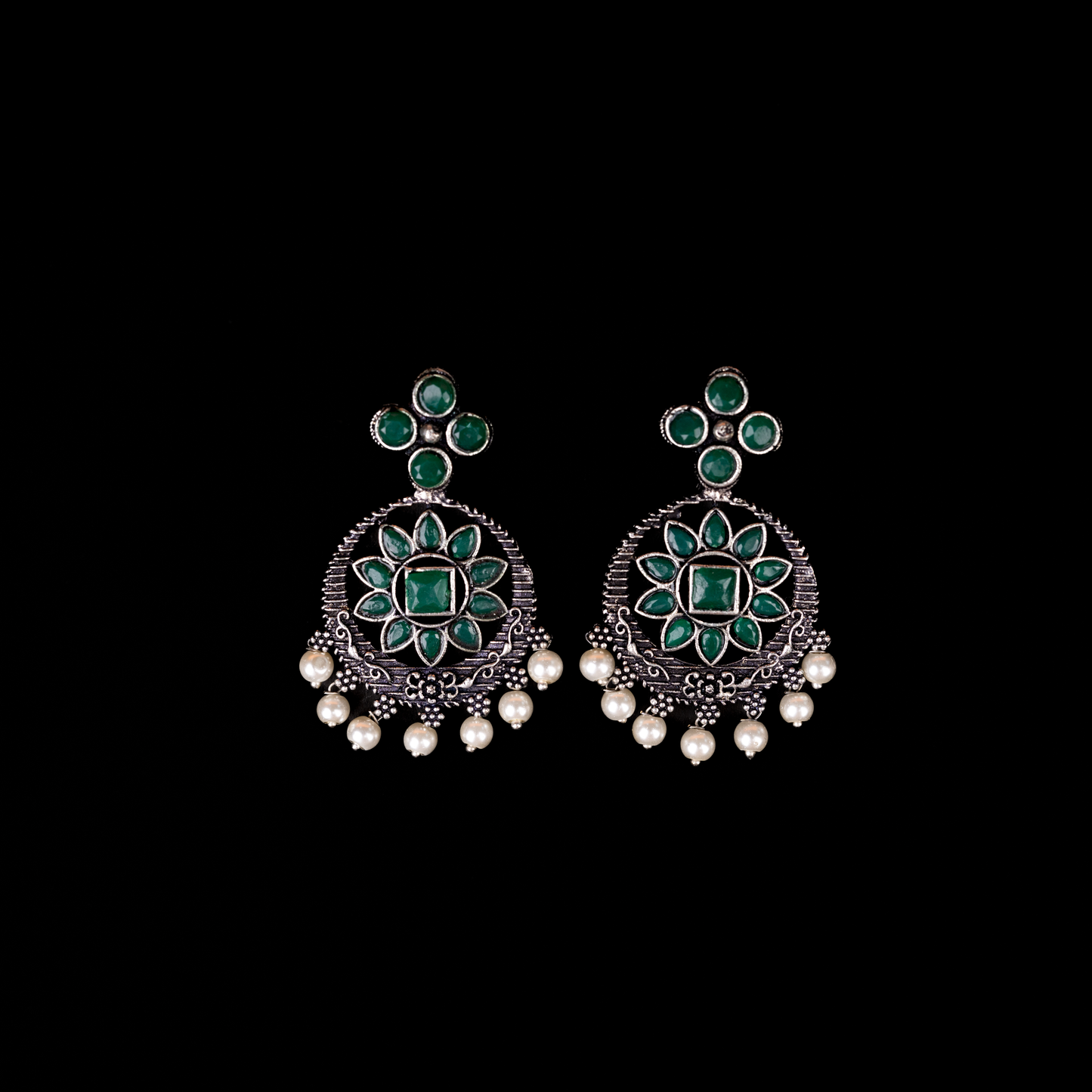 Green Stone Studded German Silver Stud Earrings With Hanging Pearls