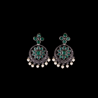Green Stone Studded German Silver Stud Earrings With Hanging Pearls