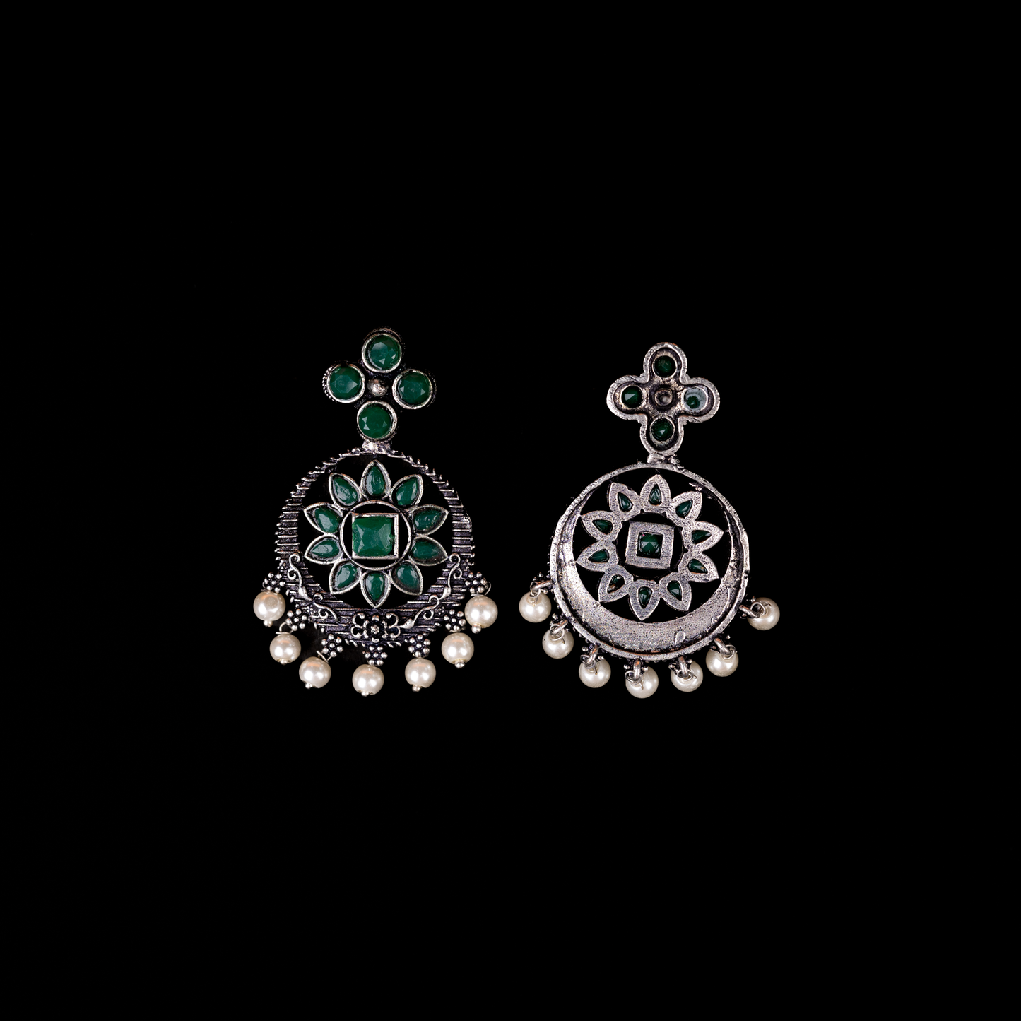 Green Stone Studded German Silver Stud Earrings With Hanging Pearls