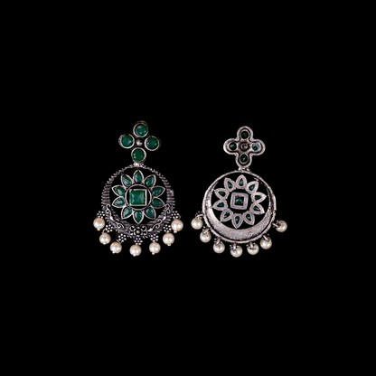 Green Stone Studded German Silver Stud Earrings With Hanging Pearls