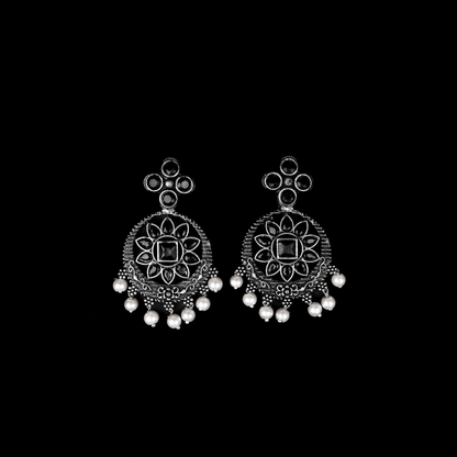 Black Stone Studded German Silver Stud Earrings With Hanging Pearls