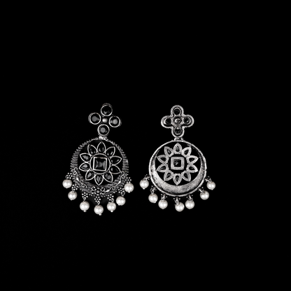 Black Stone Studded German Silver Stud Earrings With Hanging Pearls