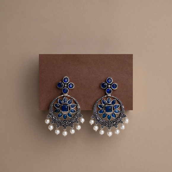Blue Stone Studded German Silver Stud Earrings With Hanging Pearls