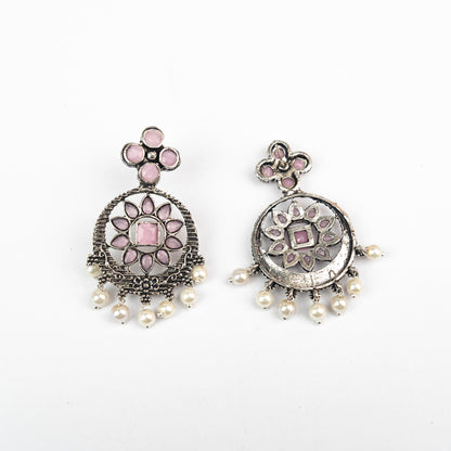 Baby Pink Stone Studded German Silver Stud Earrings With Hanging Pearls