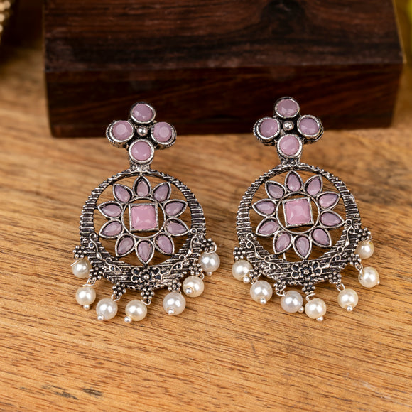 Baby Pink Stone Studded German Silver Stud Earrings With Hanging Pearls