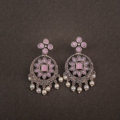 Baby Pink Stone Studded German Silver Stud Earrings With Hanging Pearls