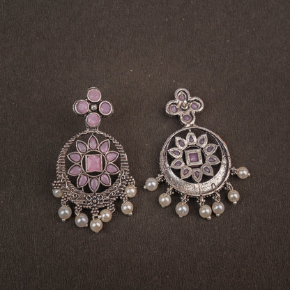 Baby Pink Stone Studded German Silver Stud Earrings With Hanging Pearls