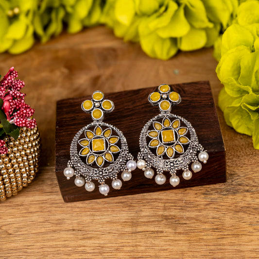 Yellow Stone Studded German Silver Stud Earrings With Hanging Pearls