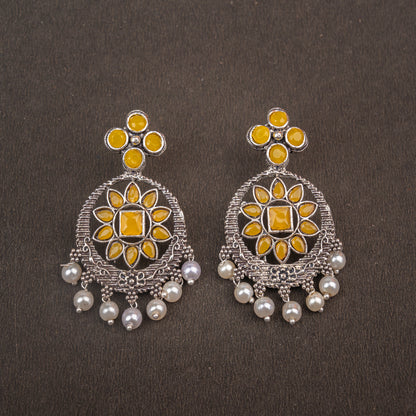 Yellow Stone Studded German Silver Stud Earrings With Hanging Pearls