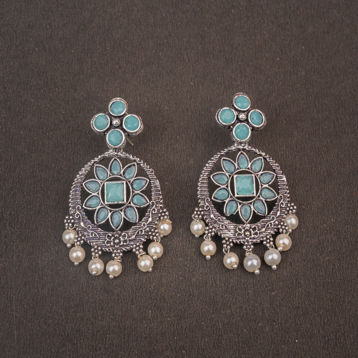 Mint Stone Studded German Silver Stud Earrings With Hanging Pearls