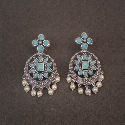 Mint Stone Studded German Silver Stud Earrings With Hanging Pearls