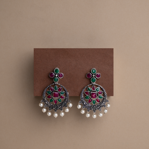 Multicolored Stone Studded German Silver Stud Earrings With Hanging Pearls