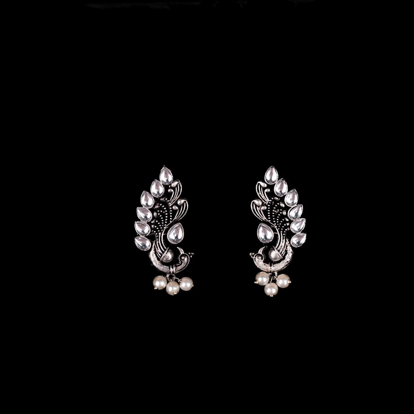 White Stone Studded Peacock Motif Stud Earrings With Hanging Pearls