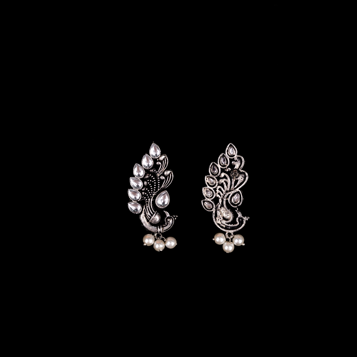 White Stone Studded Peacock Motif Stud Earrings With Hanging Pearls