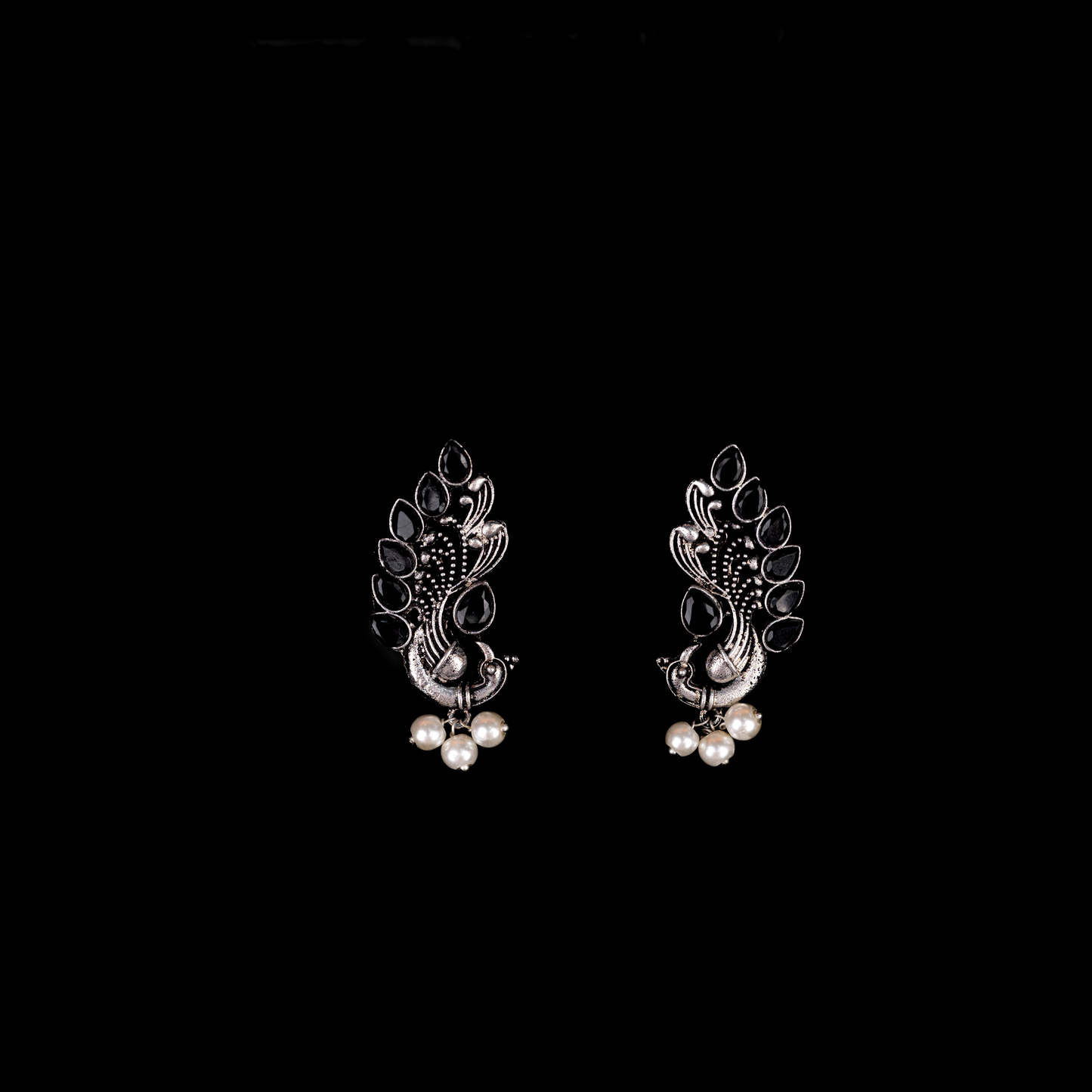 Black Stone Studded Peacock Motif Stud Earrings With Hanging Pearls