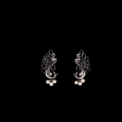 Black Stone Studded Peacock Motif Stud Earrings With Hanging Pearls