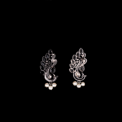 Black Stone Studded Peacock Motif Stud Earrings With Hanging Pearls