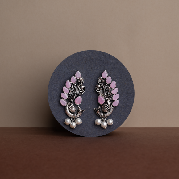 Baby Pink Stone Studded Peacock Motif Stud Earrings With Hanging Pearls