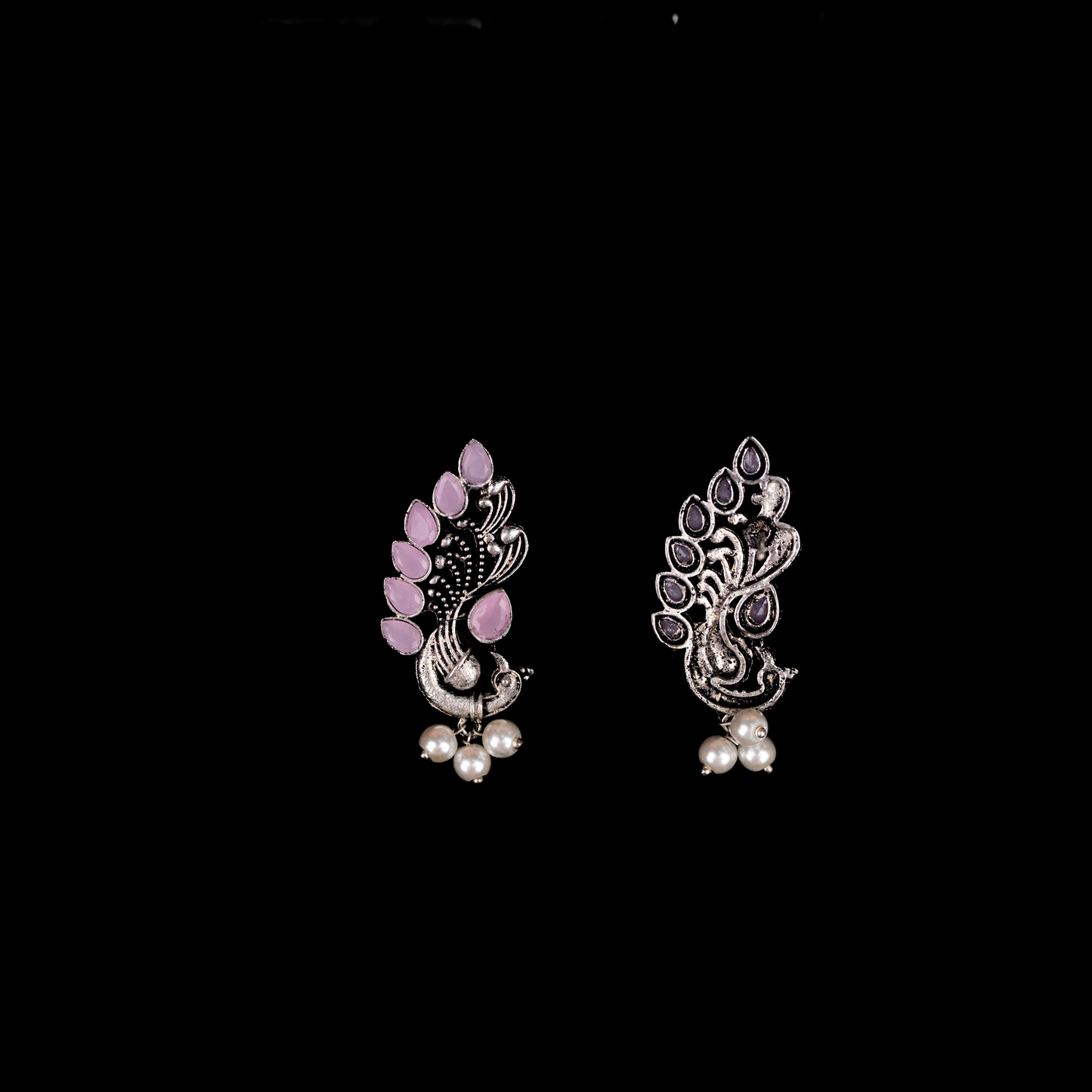 Baby Pink Stone Studded Peacock Motif Stud Earrings With Hanging Pearls