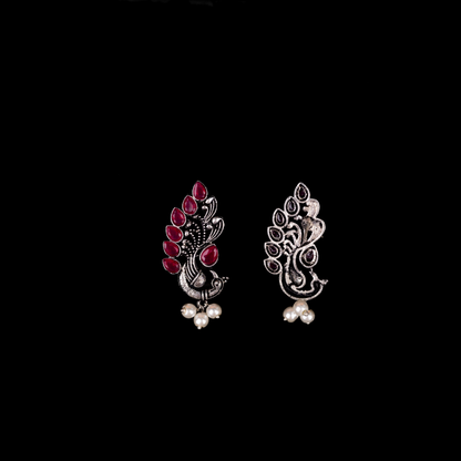 Red Stone Studded Peacock Motif Stud Earrings With Hanging Pearls