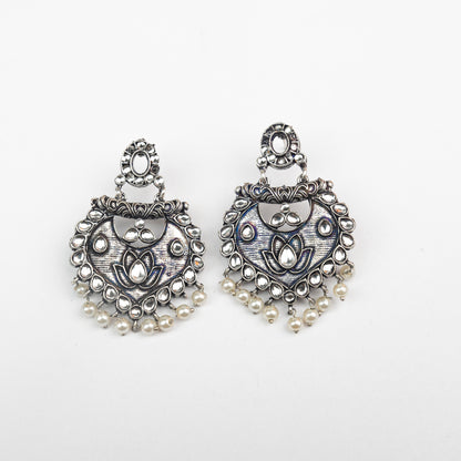 White Stone Studded Oxidised Earrings With Hanging Pearls