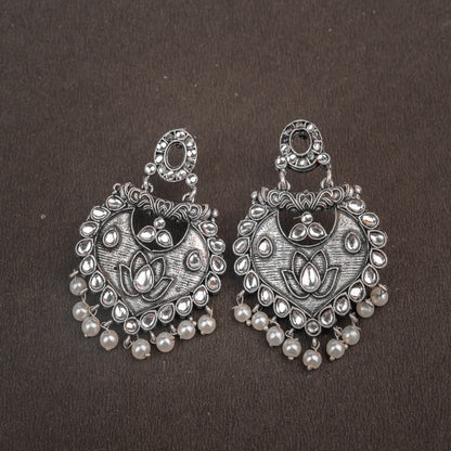 White Stone Studded Oxidised Earrings With Hanging Pearls