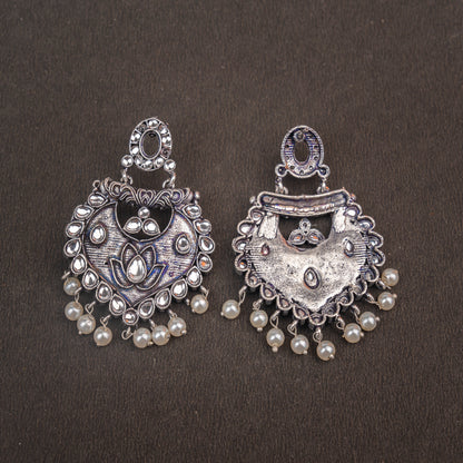 White Stone Studded Oxidised Earrings With Hanging Pearls