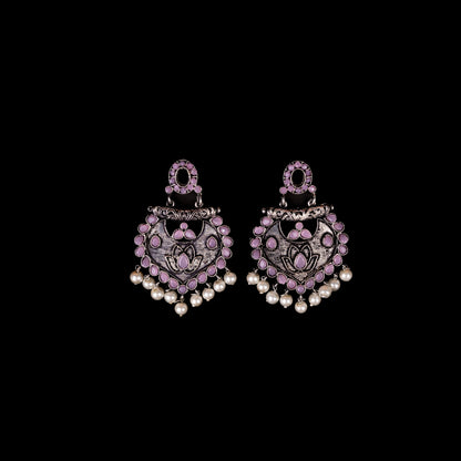 Baby Pink Stone Studded Oxidised Earrings With Hanging Pearls