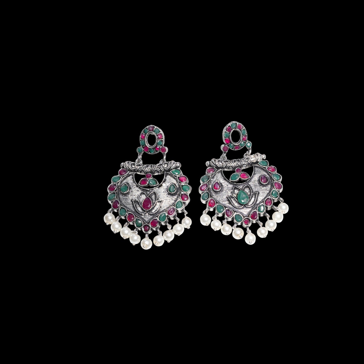 Multicolored Stone Studded Oxidised Earrings With Hanging Pearls