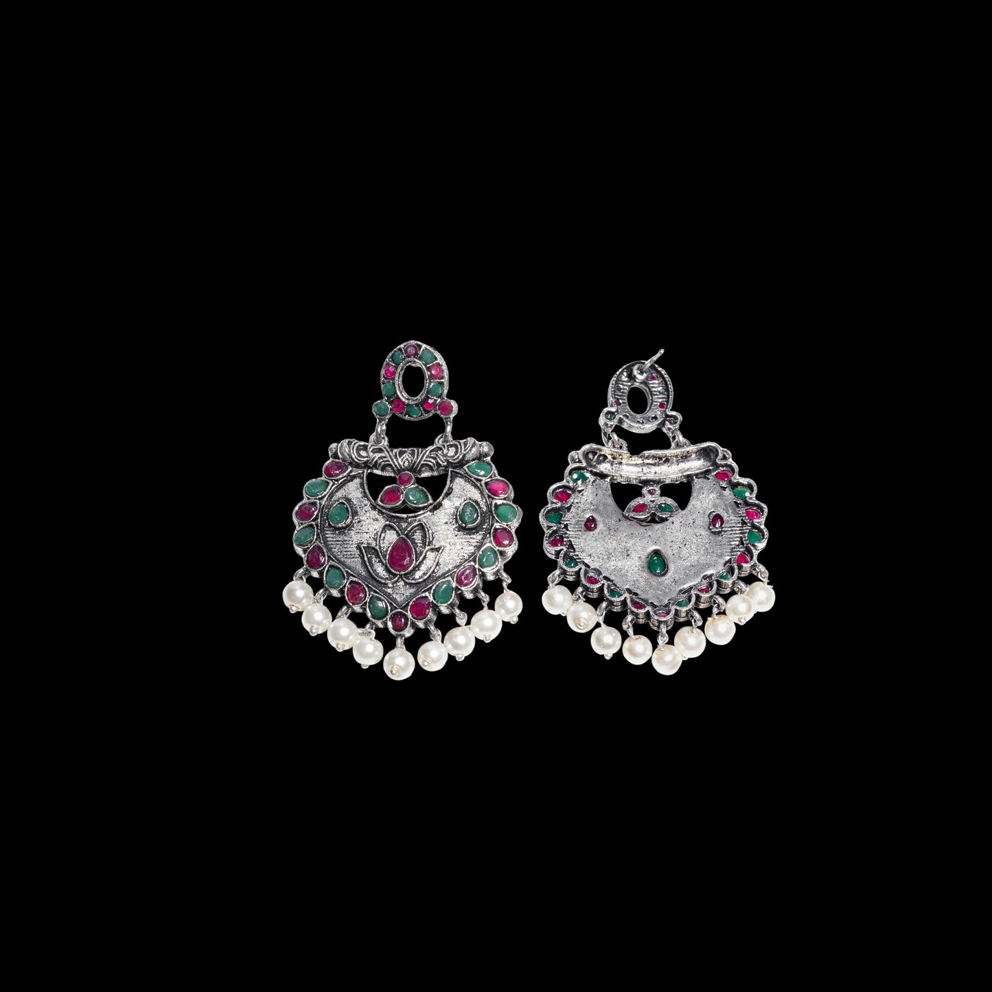 Multicolored Stone Studded Oxidised Earrings With Hanging Pearls