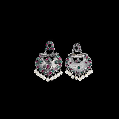 Multicolored Stone Studded Oxidised Earrings With Hanging Pearls