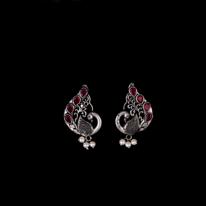 Red Stone Studded Peacock Motif Stud Earrings With Hanging Pearls