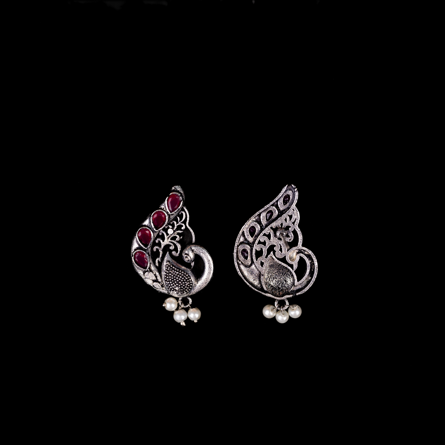 Red Stone Studded Peacock Motif Stud Earrings With Hanging Pearls