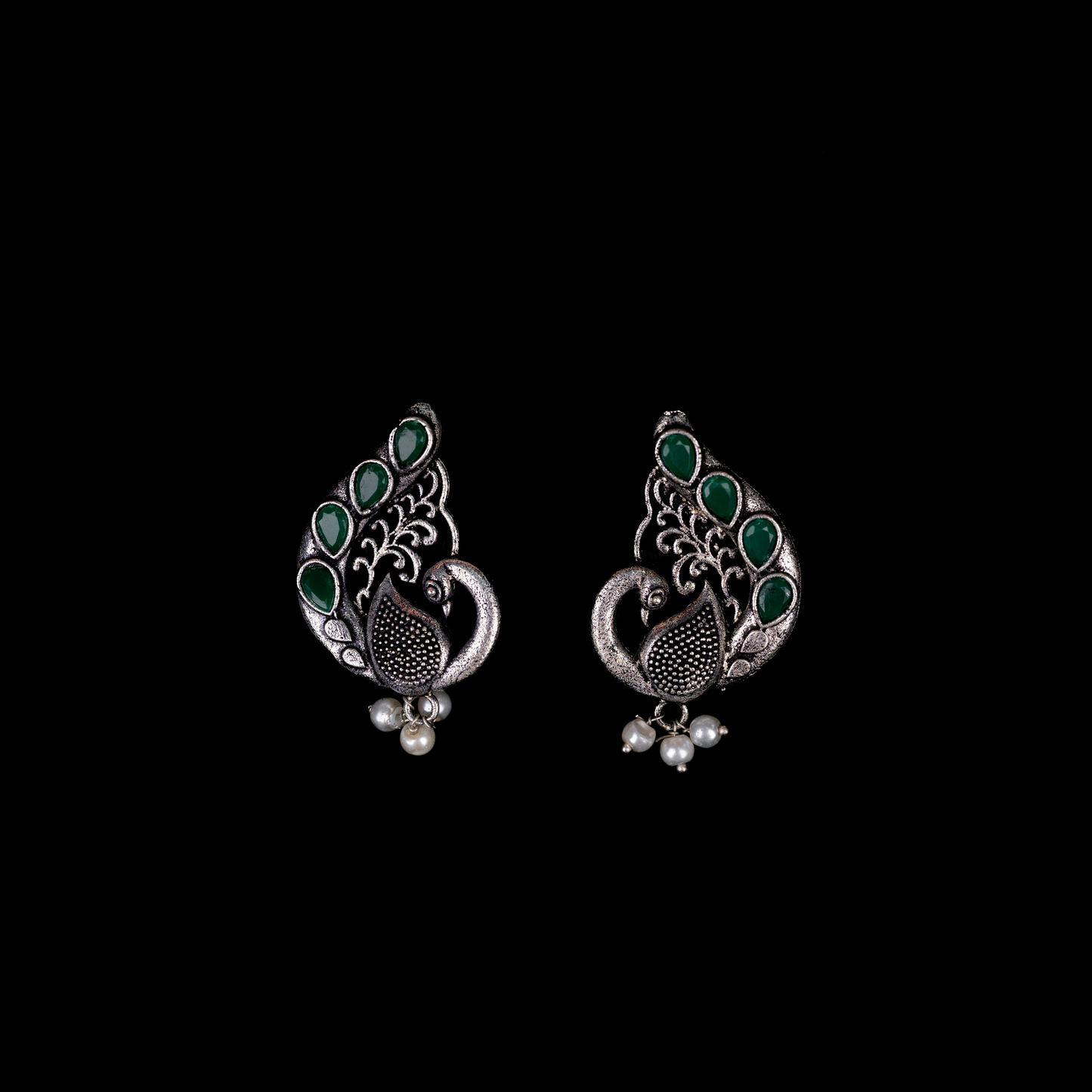 Green Stone Studded Peacock Motif Stud Earrings With Hanging Pearls