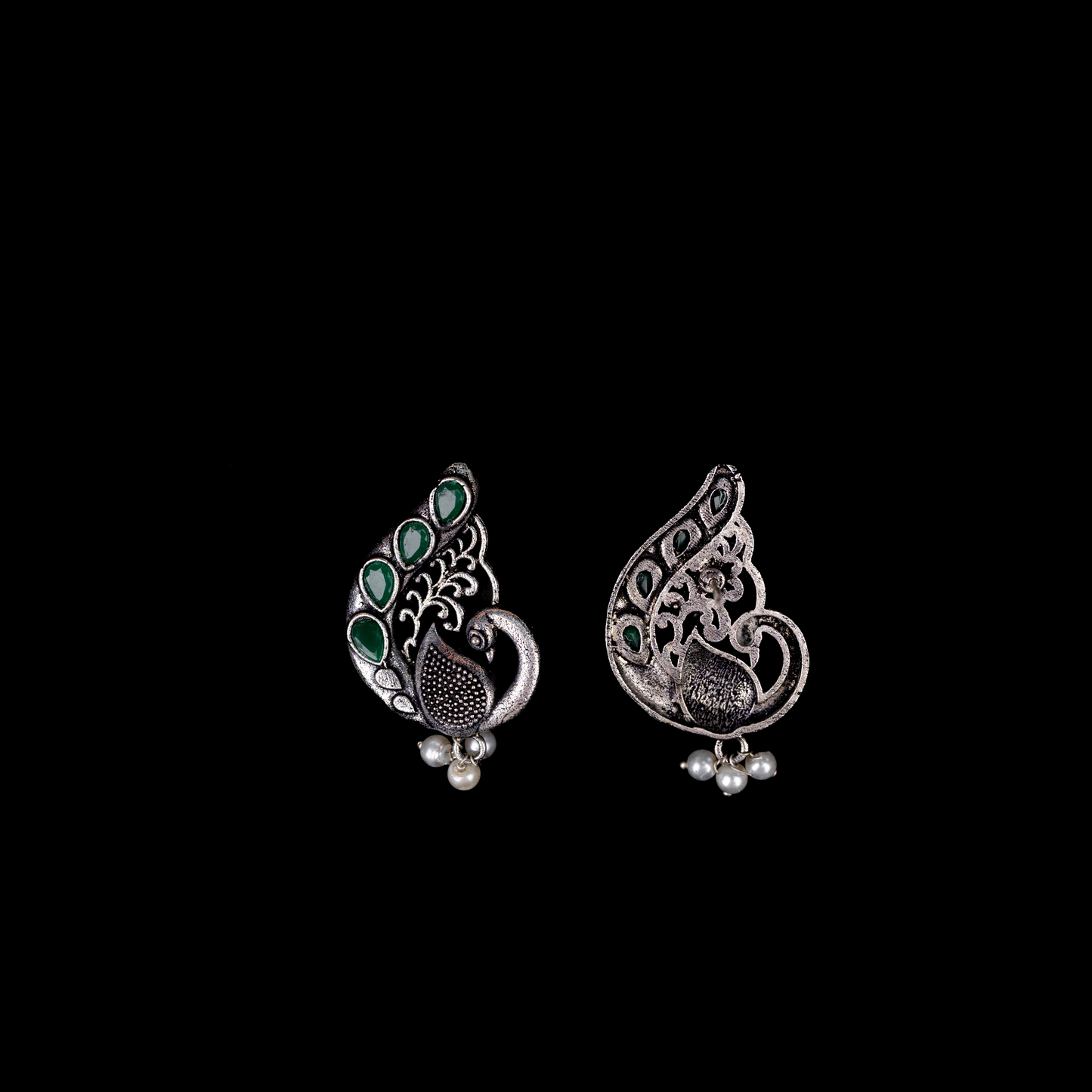 Green Stone Studded Peacock Motif Stud Earrings With Hanging Pearls