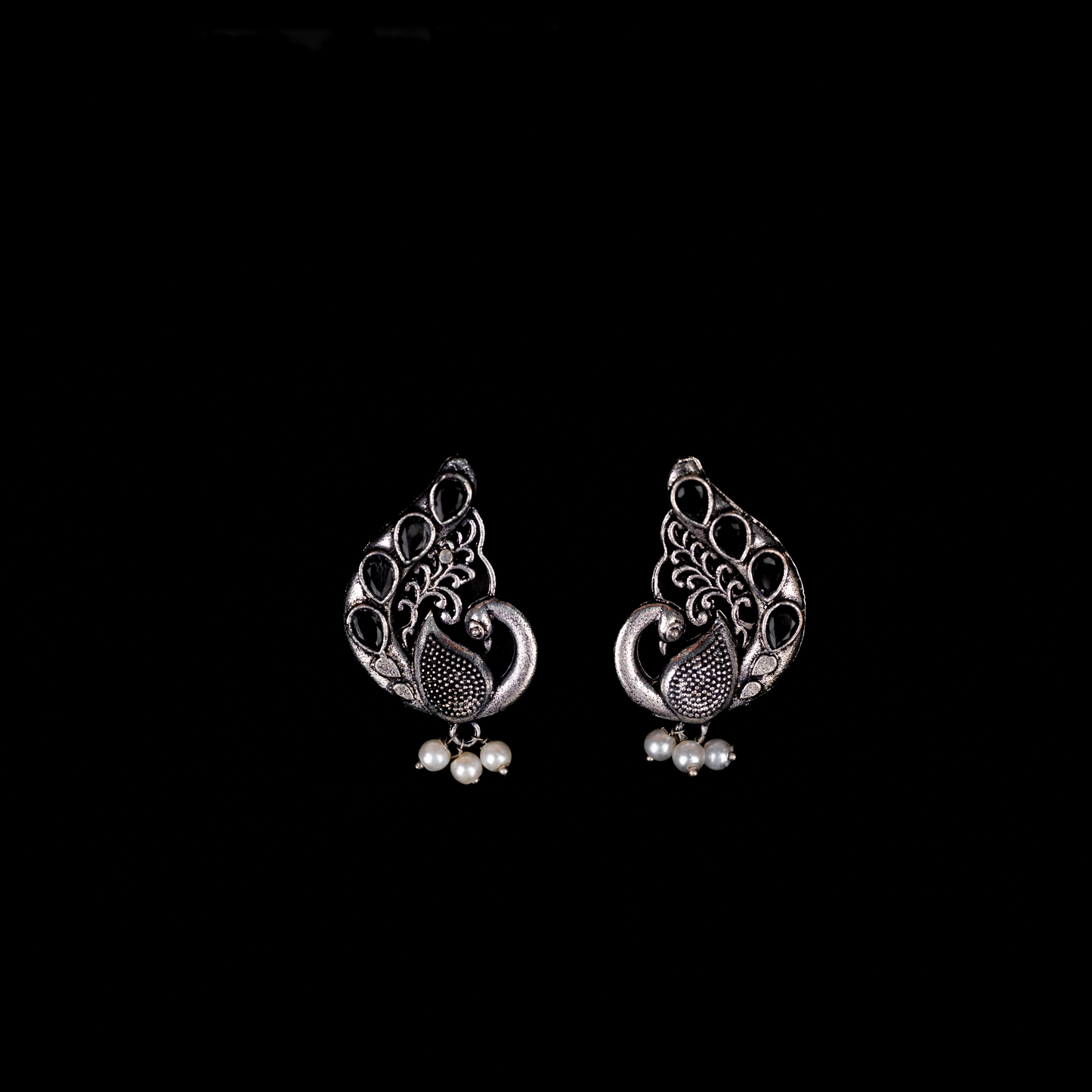 Black Stone Studded Peacock Motif Stud Earrings With Hanging Pearls
