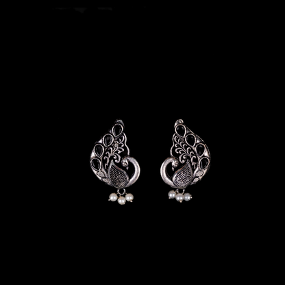 Black Stone Studded Peacock Motif Stud Earrings With Hanging Pearls