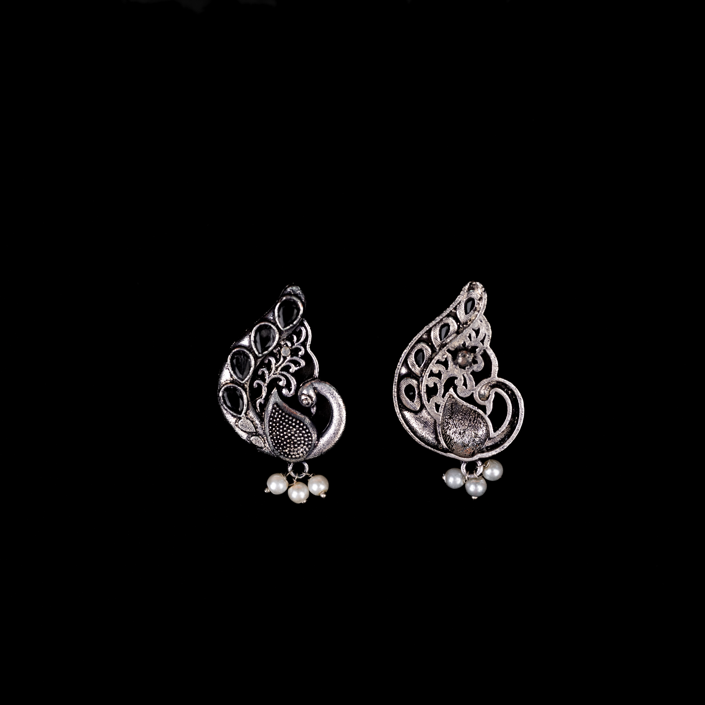 Black Stone Studded Peacock Motif Stud Earrings With Hanging Pearls