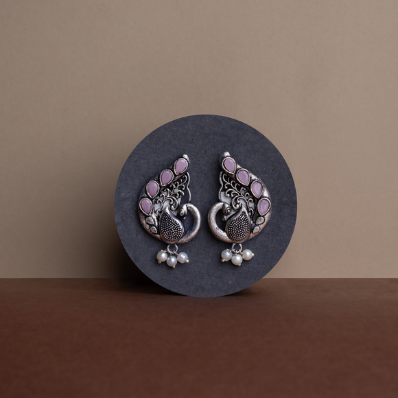 Baby Pink Stone Studded Peacock Motif Stud Earrings With Hanging Pearls
