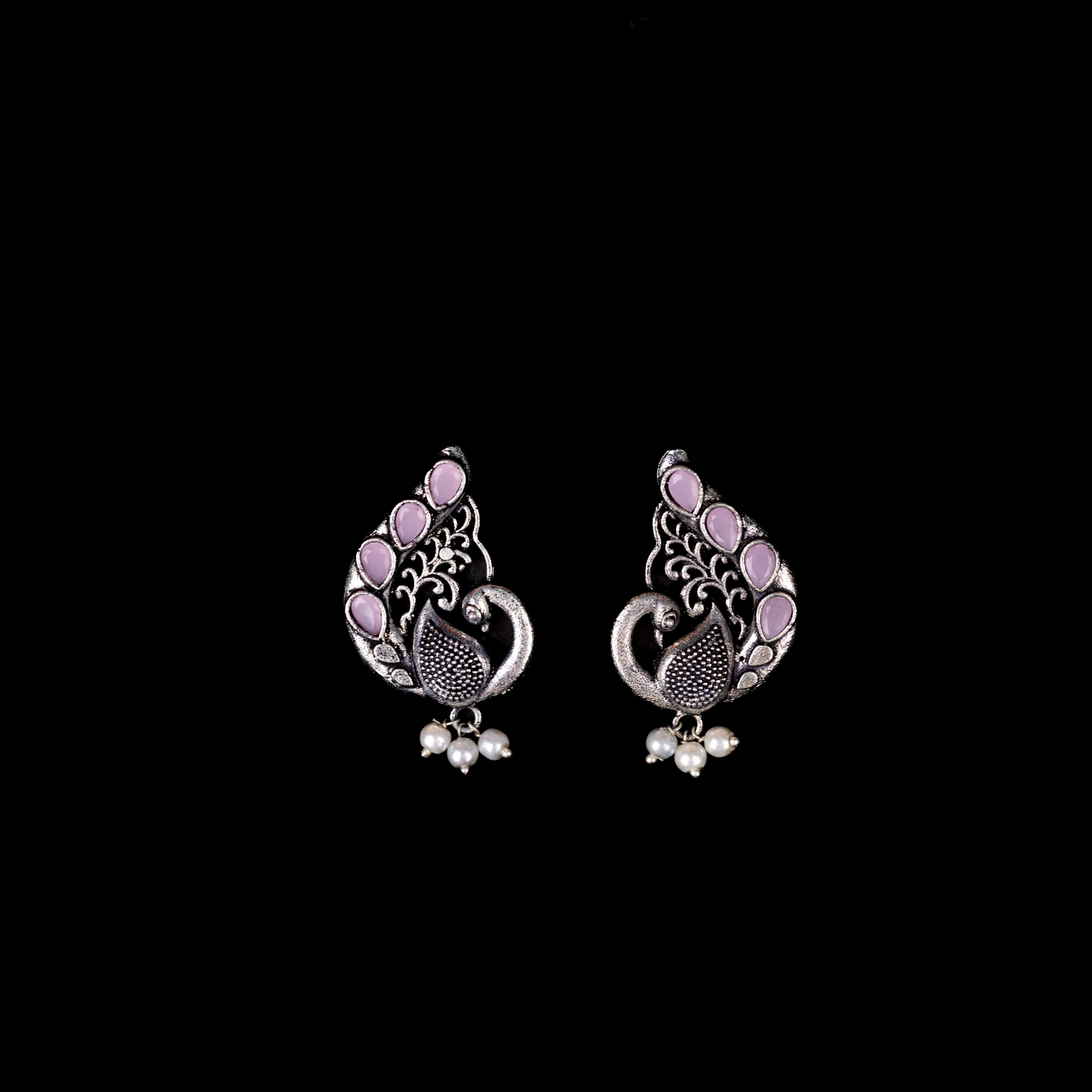 Baby Pink Stone Studded Peacock Motif Stud Earrings With Hanging Pearls