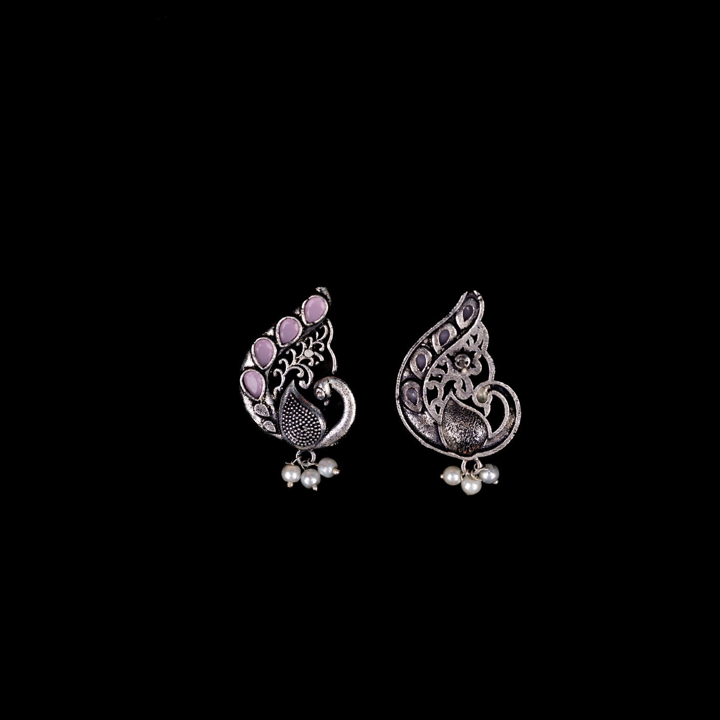 Baby Pink Stone Studded Peacock Motif Stud Earrings With Hanging Pearls