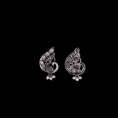 Baby Pink Stone Studded Peacock Motif Stud Earrings With Hanging Pearls