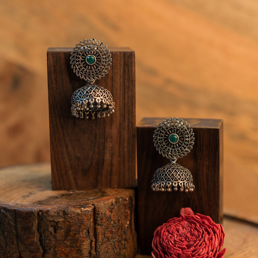 Green Stone Studded Oxidized Earrings With Hanging Jhumki