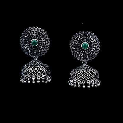 Green Stone Studded Oxidized Earrings With Hanging Jhumki