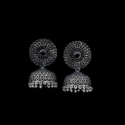 Black Stone Studded Oxidized Earrings With Hanging Jhumki