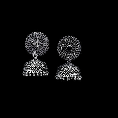 Black Stone Studded Oxidized Earrings With Hanging Jhumki