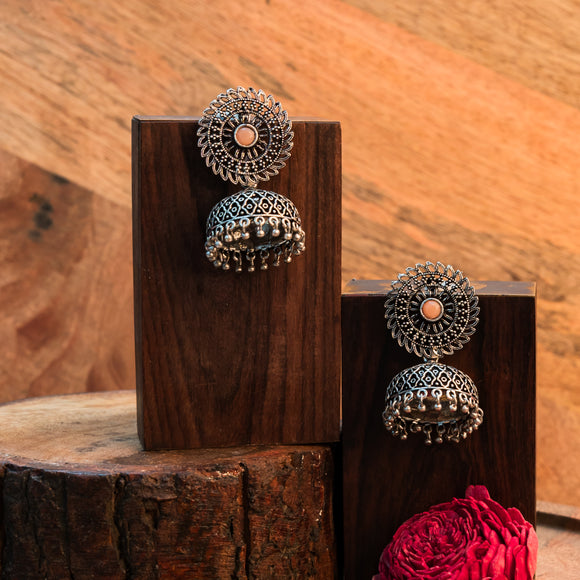 Light Orangish Stone Studded Oxidized Earrings With Hanging Jhumki