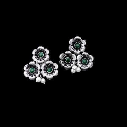 Green Stone Studded Flower Stud Earrings